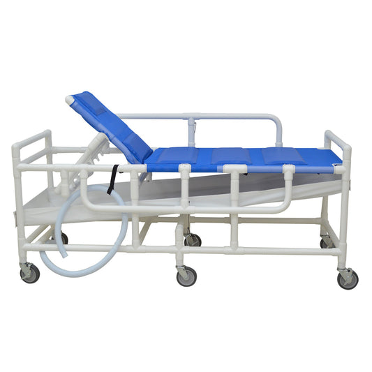 MJM International 910 Shower gurney with three position elevating headrest, close cell water proof foam pad, solid vinyl material drain pan & drain hose, (6) 5" x 1 1/4" heavy duty casters, 450 lbs weight capacity