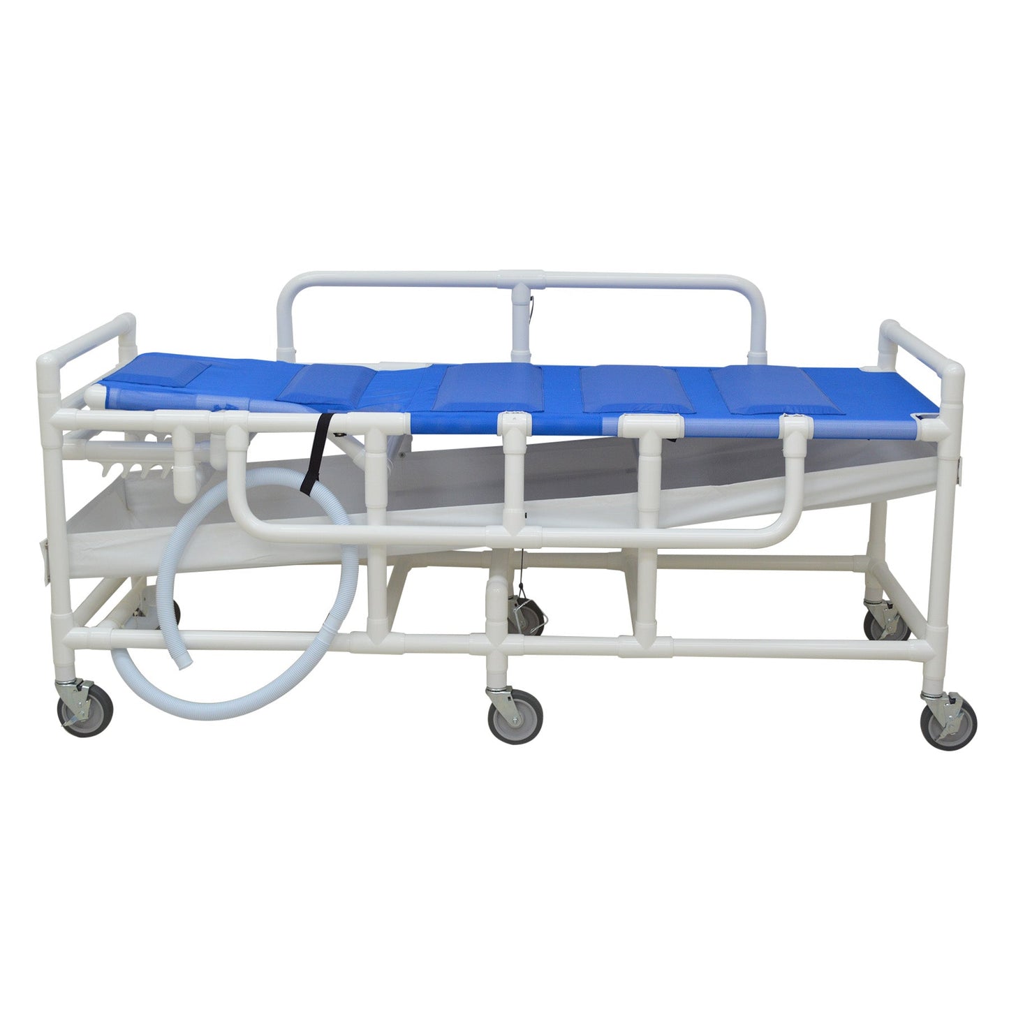 MJM International 910 Shower gurney with three position elevating headrest, close cell water proof foam pad, solid vinyl material drain pan & drain hose, (6) 5" x 1 1/4" heavy duty casters, 450 lbs weight capacity