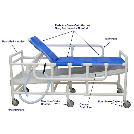 MJM International 910 Shower gurney with three position elevating headrest, close cell water proof foam pad, solid vinyl material drain pan & drain hose, (6) 5" x 1 1/4" heavy duty casters, 450 lbs weight capacity