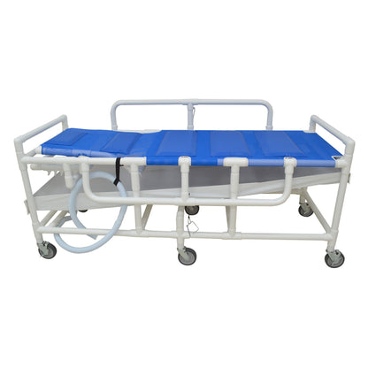 MJM International 910 Shower gurney with three position elevating headrest, close cell water proof foam pad, solid vinyl material drain pan & drain hose, (6) 5" x 1 1/4" heavy duty casters, 450 lbs weight capacity