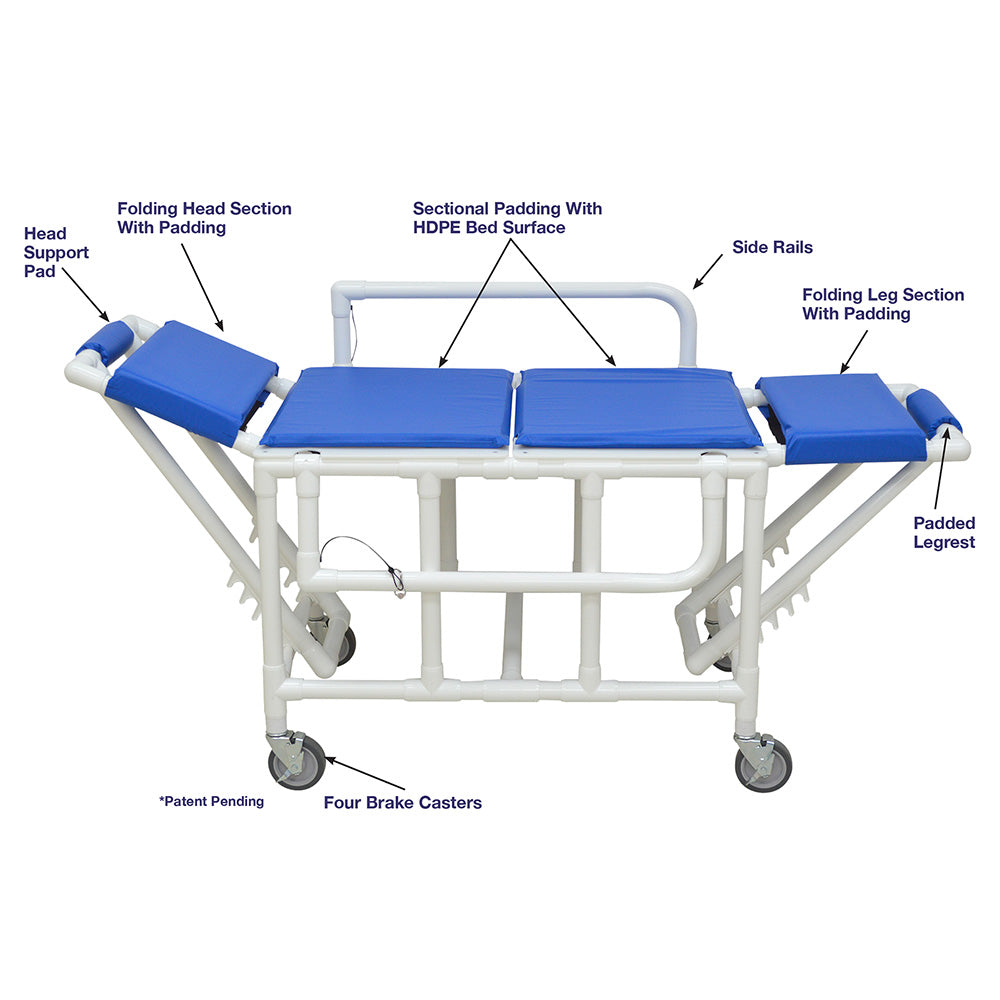 MJM International 920-FD-PAD Shower gurney with fold down head and foot section with closed cell water proof foam pad