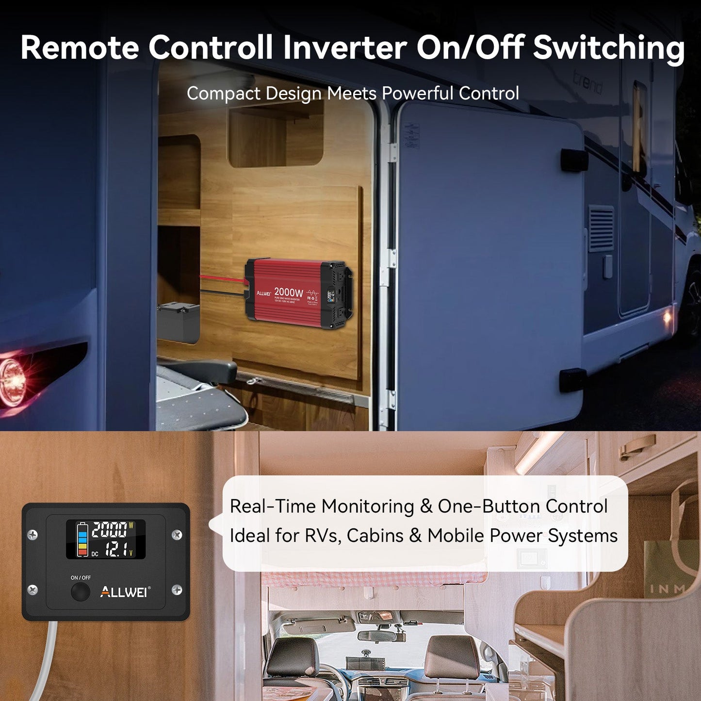 ALLWEI 2000W Pure Sine Wave Inverter - 12V DC to 120V AC Power Converter