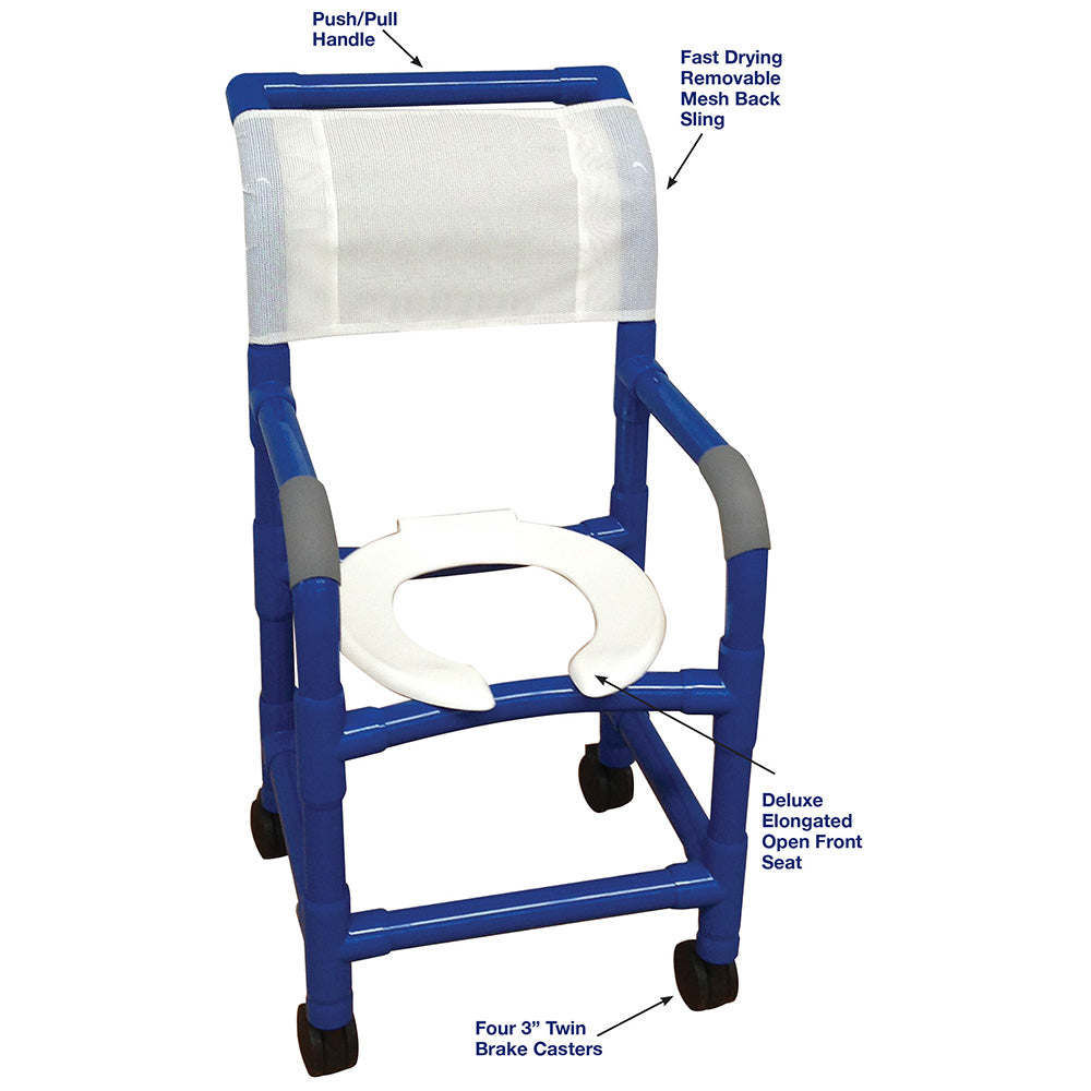 MJM International B115-3 BLUE shower chair 15" internal width, for small adult or pediatric needs 3" twin casters, open front seat, 250 lbs weight capacity