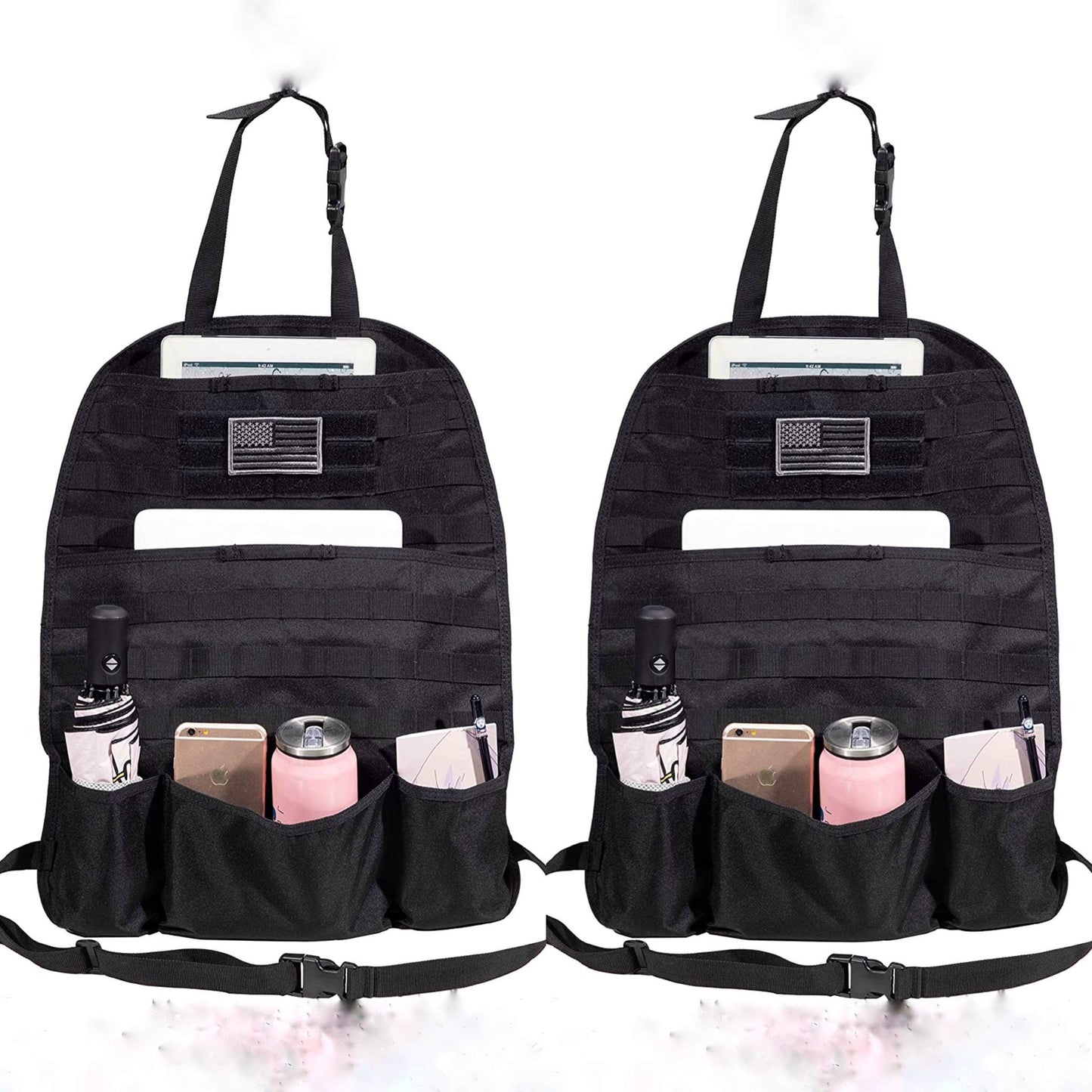 (PAIR) Car Seat Back Gear Organizer with FREE US Flag Patch included