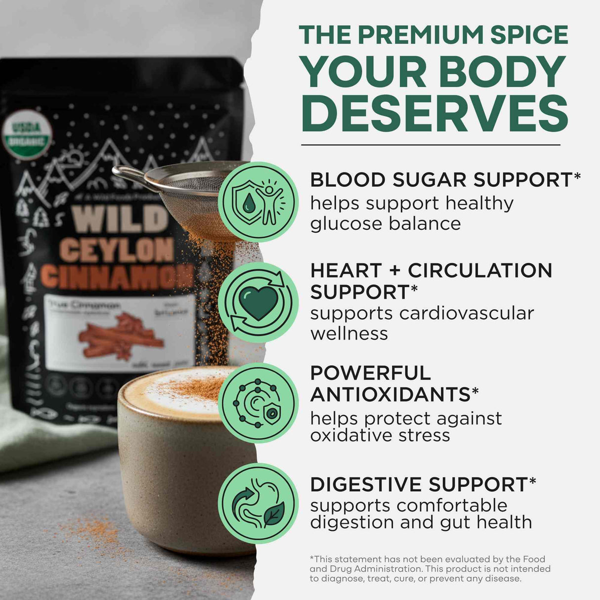 Ceylon Cinnamon Powder Organic, 64 servings - USDA Organic Cinnamon from Sri Lanka