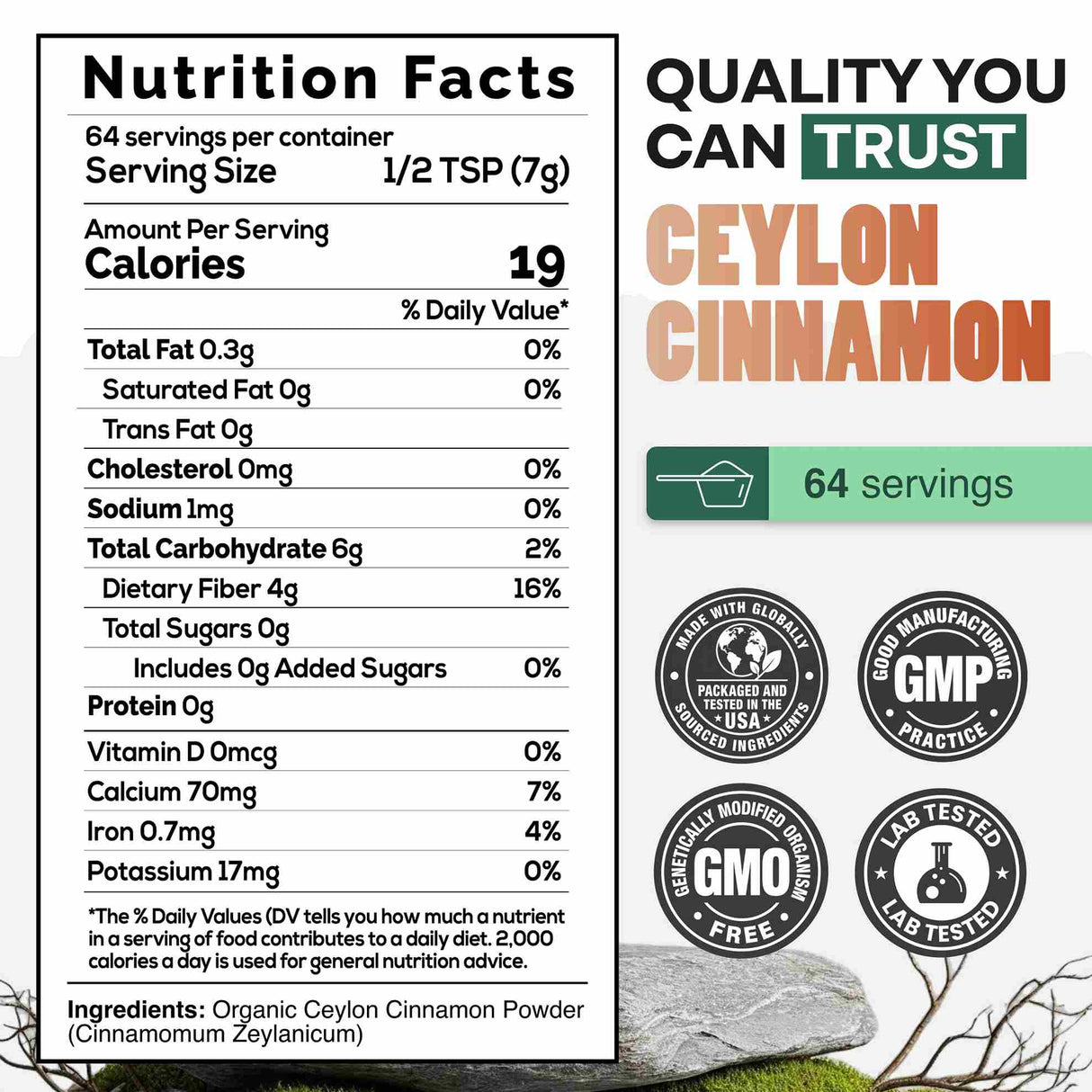 Ceylon Cinnamon Powder Organic, 64 servings - USDA Organic Cinnamon from Sri Lanka