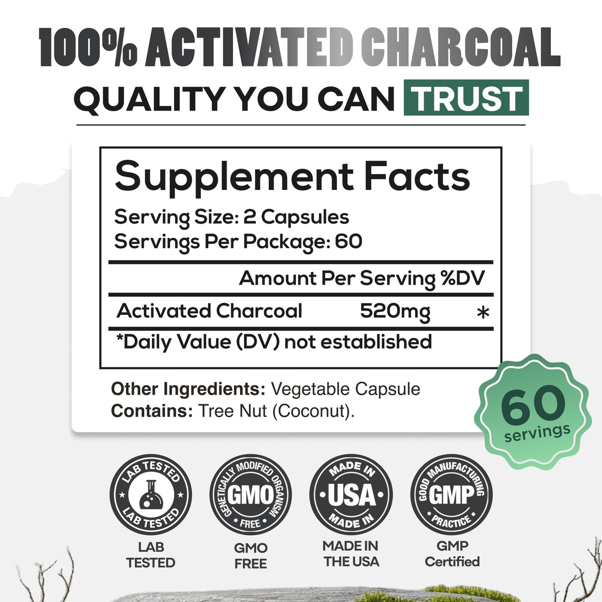Activated Charcoal Capsules, 60 servings - Made from 100% Organic Coconuts