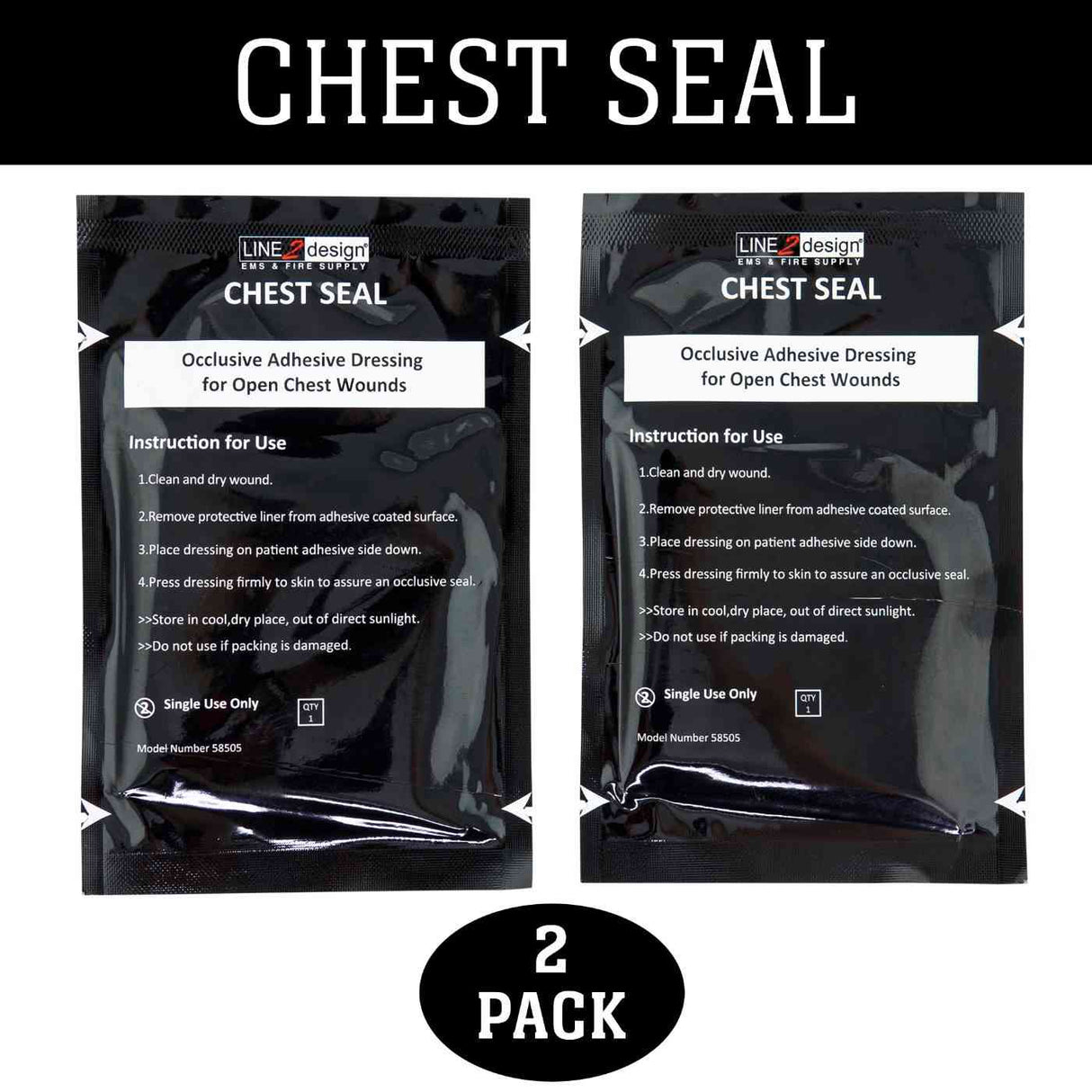 LINE2design Chest Seal, Occlusive Dressing, Open Chest Wound, Trauma First Aid, 2 Pack