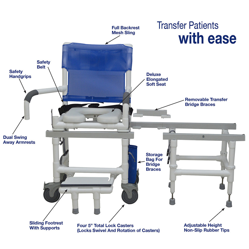 MJM International D118-5-SLIDE-N Deluxe All Purpose Dual Shower Chair/Transfer Bench (Excellent Lateral Transfer), Open Front Soft Seat, Buckle Safety Belt, Double Drop Arms, 5" x 1 1/4" Heavy Duty Casters, 300 lbs Weight Capacity