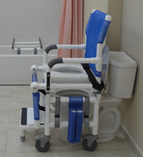 MJM International D118-5-SLIDE-N Deluxe All Purpose Dual Shower Chair/Transfer Bench (Excellent Lateral Transfer), Open Front Soft Seat, Buckle Safety Belt, Double Drop Arms, 5" x 1 1/4" Heavy Duty Casters, 300 lbs Weight Capacity