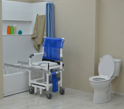 MJM International D118-5-SLIDE-N Deluxe All Purpose Dual Shower Chair/Transfer Bench (Excellent Lateral Transfer), Open Front Soft Seat, Buckle Safety Belt, Double Drop Arms, 5" x 1 1/4" Heavy Duty Casters, 300 lbs Weight Capacity