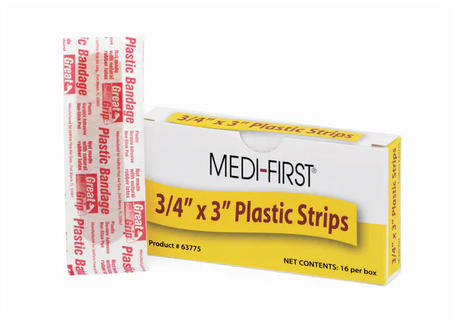 Box of Medi-First plastic strips on a white background