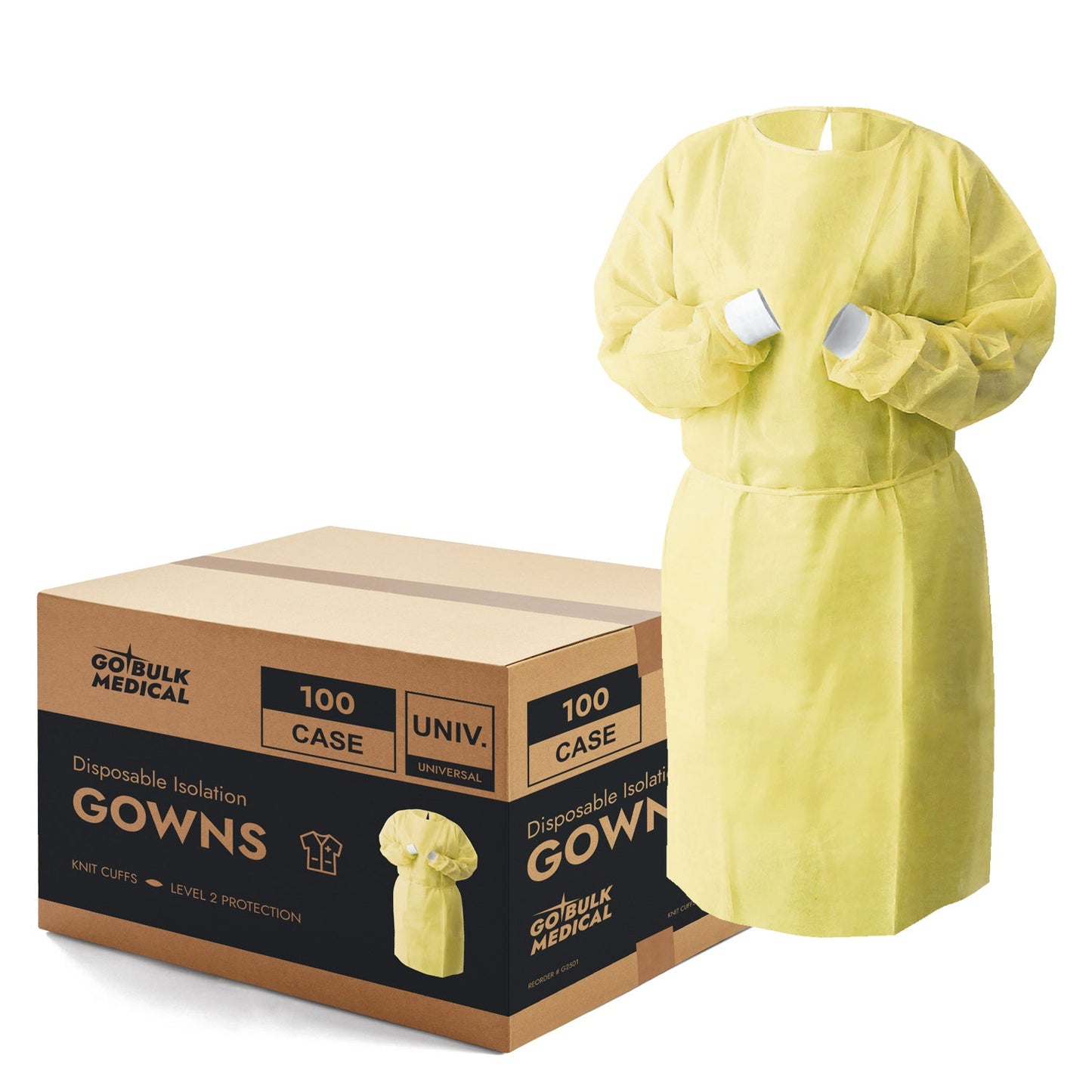 Disposable Isolation Gowns with Knit Cuffs - Universal Size, Level 2, SMS, 100/Case - Yellow