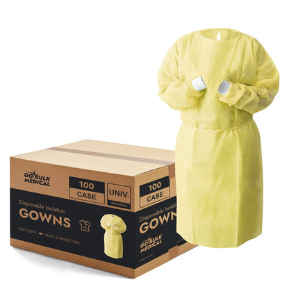 Disposable Isolation Gowns with Knit Cuffs - Universal Size, Level 2, SMS, 100/Case - Yellow