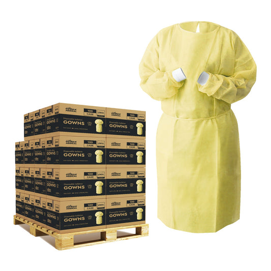 Pallet Disposable Isolation Gowns with Knit Cuffs - 30 Cases (3,000 Gowns) Universal Size Level 2 SMS - Yellow