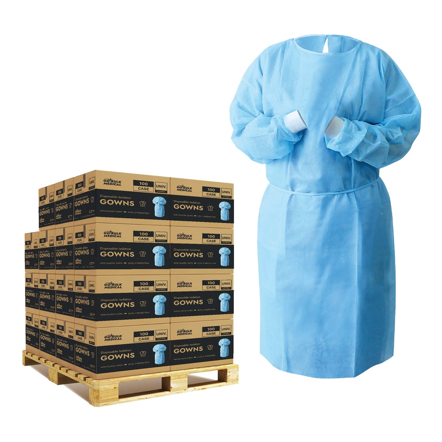 Pallet Disposable Isolation Gowns with Elastic Cuffs - 30 Cases (3,000 Gowns) Blue - Universal Size Level 2 PP/PE - Blue