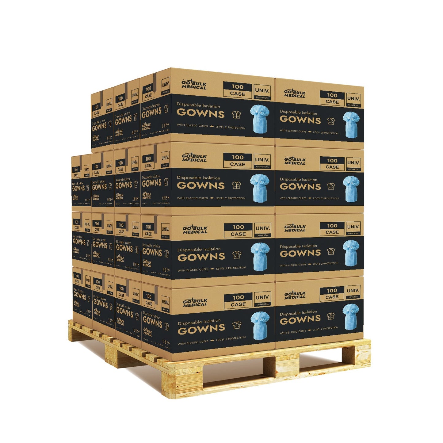 Pallet Disposable Isolation Gowns with Elastic Cuffs - 30 Cases (3,000 Gowns) Blue - Universal Size Level 2 PP/PE - Blue