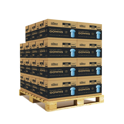 Pallet Disposable Isolation Gowns with Elastic Cuffs - 30 Cases (3,000 Gowns) Blue - Universal Size Level 2 PP/PE - Blue