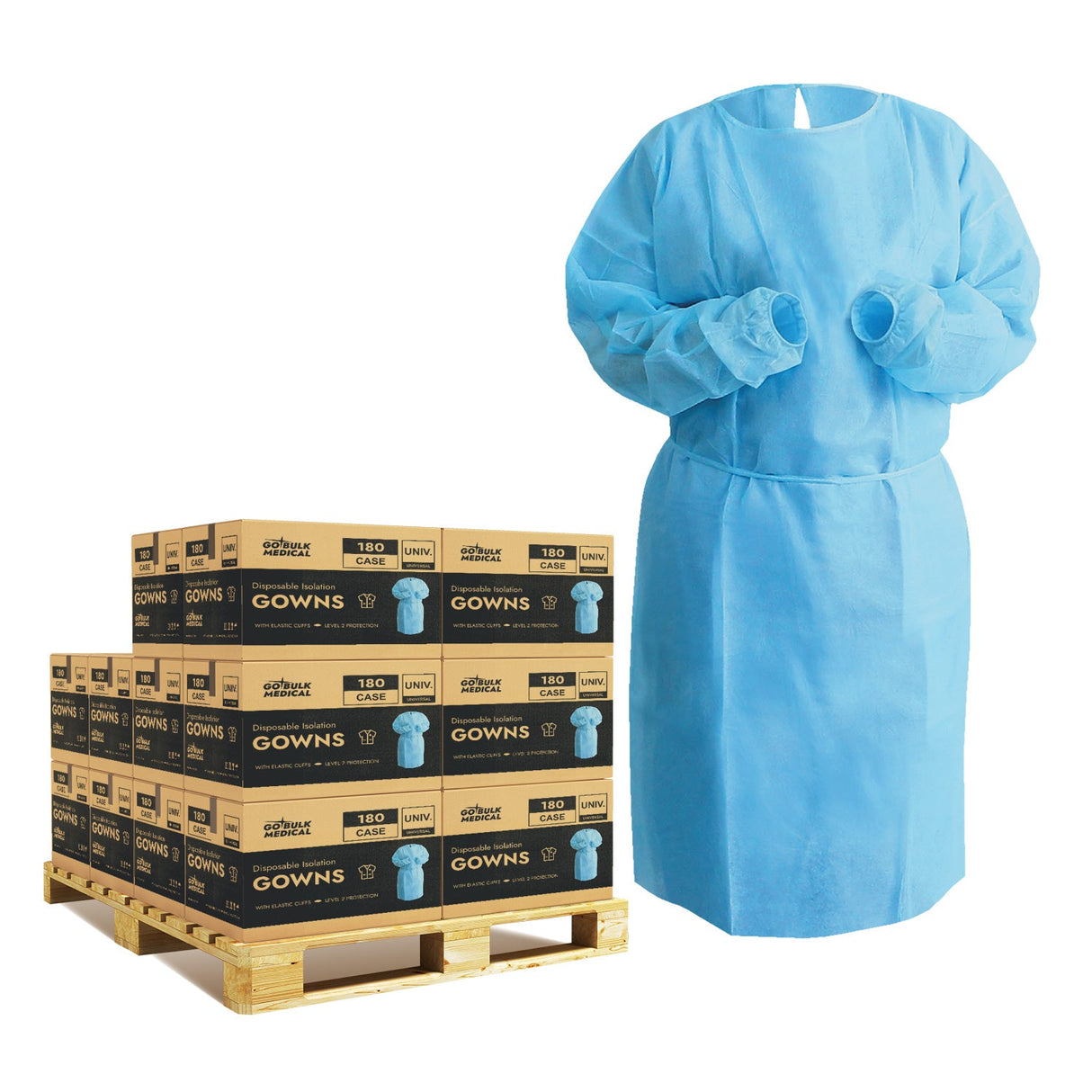 Pallet Disposable Isolation Gowns with Knit Cuffs - 20 Cases (3,600 Gowns) Universal Size Level 2 SMS - Blue