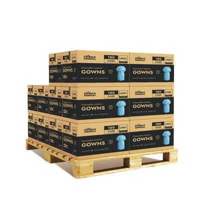 Pallet Disposable Isolation Gowns with Knit Cuffs - 20 Cases (3,600 Gowns) Universal Size Level 2 SMS - Blue