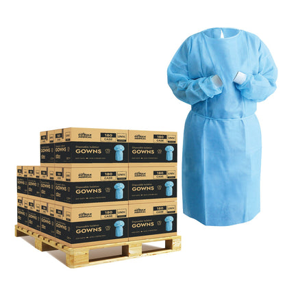 Pallet Disposable Isolation Gowns with Knit Cuffs - 20 Cases (3,600 Gowns) Universal Size Level 2 SMS - Blue
