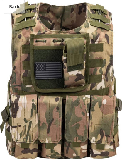 Kids Airsoft Tactical Plate Carrier Vest with Free US Flag Patch, Mil Spec 1000D Nylon PALS Molle Modular w/ 4 Mag Pouches, Side Pouch, Chest Mag Pouch