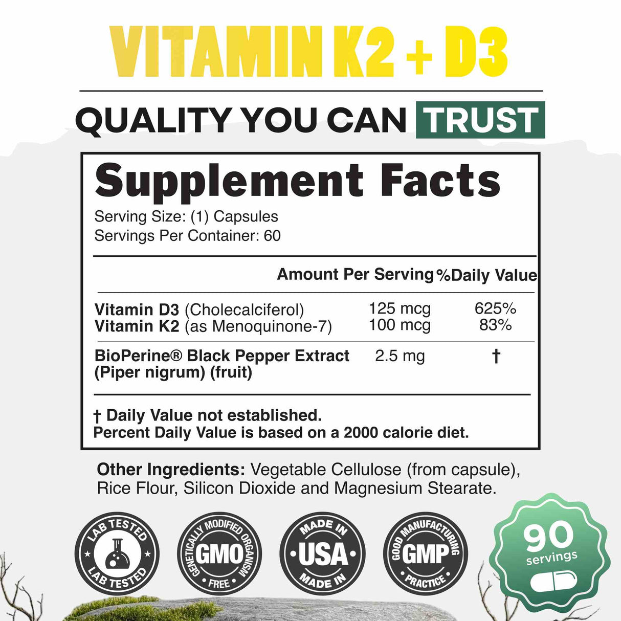 Vitamin K2 (MK-7) & Vitamin D3 (5000 IU) & Black Pepper Extract
