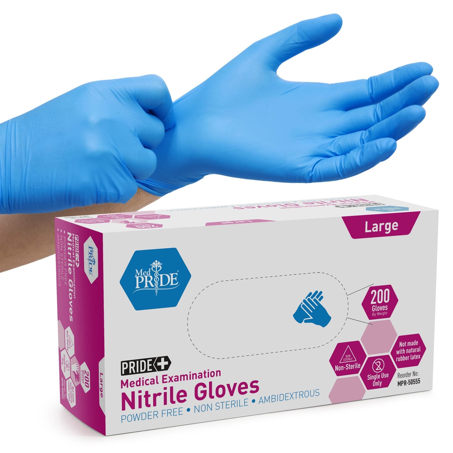 MedPride Nitrile Exam Gloves 4.3 Mil Thick Non-Sterile Powder Free - 180 Gloves / Case of 10 (1800 count)