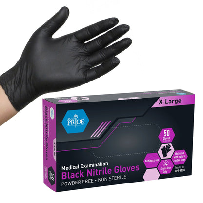 MedPride Black Nitrile Exam Gloves Powder Free Non Sterile - 4 Mil Thick- 50 Gloves / Case of 20 (1000 count)