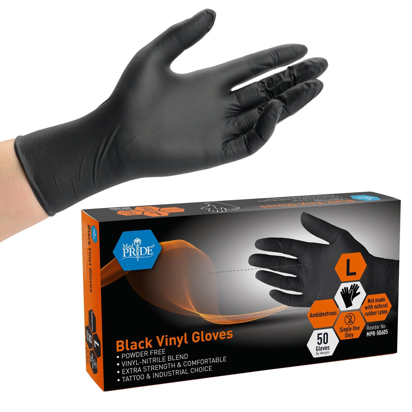MedPride Black Vinyl Nitrile Gloves 4 Mil Thick Non-Sterile Powder Free - 50 Gloves / Case of 20 (1000 count)