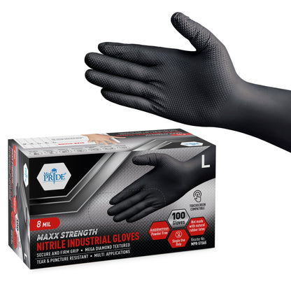 MedPride Maxx Strength Nitrile Industrial Black Gloves, 8 Mil Thick - 100 Gloves / Case of 10 (1000 count)