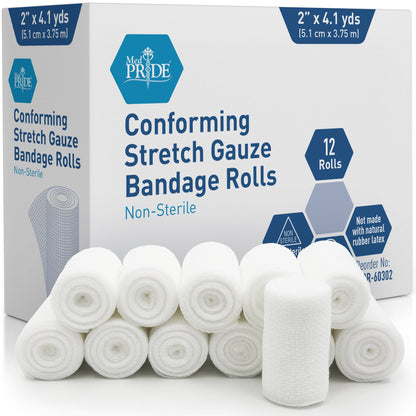 MedPride Conforming Stretch Gauze Bandage Roll -  Non-Sterile - 12 Rolls, Case of 8 (96 Count)