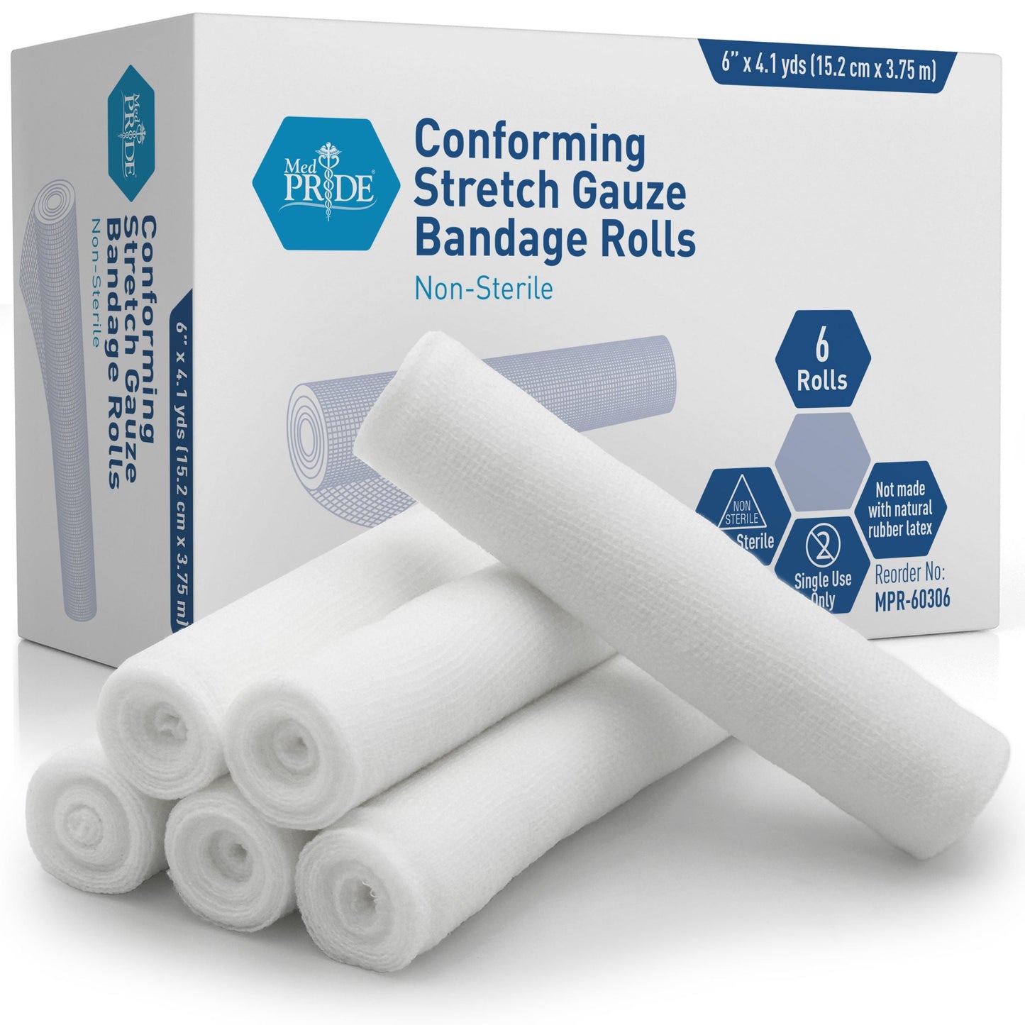 MedPride Conforming Stretch Gauze Bandage Roll -  Non-Sterile - 6"x4.1 yd - 6 Rolls, Case of 8 (48 Count)