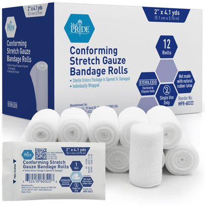 MedPride Conforming Stretch Gauze Bandage Roll, Sterile - 12 Rolls/Box, Case of 8 (96 Count)