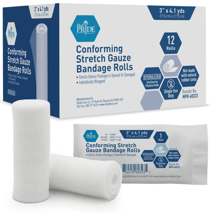 MedPride Conforming Stretch Gauze Bandage Roll, Sterile - 12 Rolls/Box, Case of 8 (96 Count)