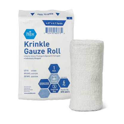 MedPride Krinkle Gauze Roll, Cotton Wound Dressing Sterile Wraps – 6-Ply, 4.5''x4.1 Yds. Case of 100