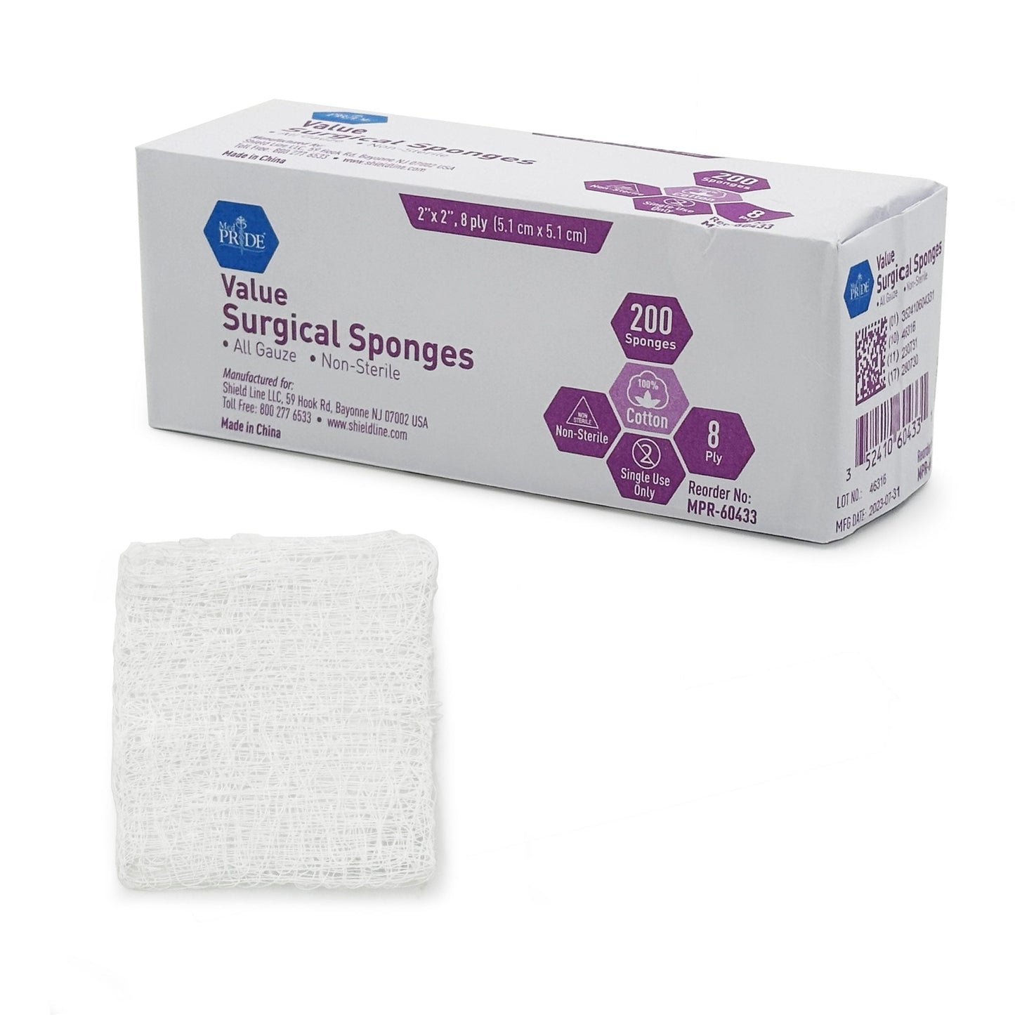 MedPride Value Gauze Surgical Sponges – Non-Sterile - 2x2 - 8 Ply - 200/box, Case of 25 (5000 Count)