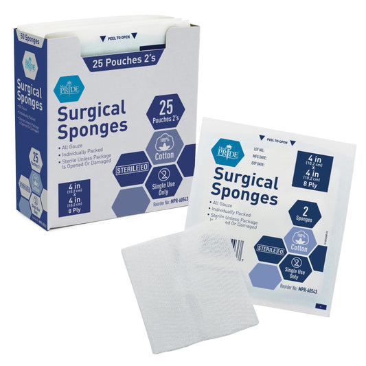 MedPride Sterile Surgical Gauze Sponge - 2's, 4"x4" - 8 Ply - 25/Box, Case of 24 (1200 Count)