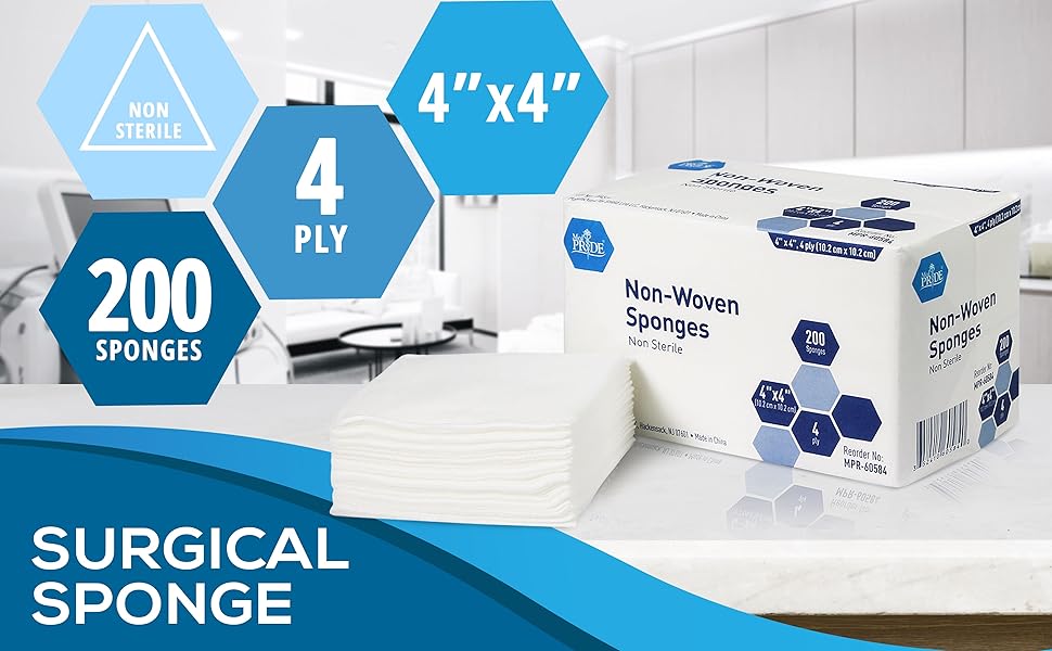 MedPride Non-Woven Surgical Sponges, First Aid Wound Care Dressing Sponge Non-Sterile - 4"x4" - 4 Ply, 200/Box, Case of 10 (2000 Count)