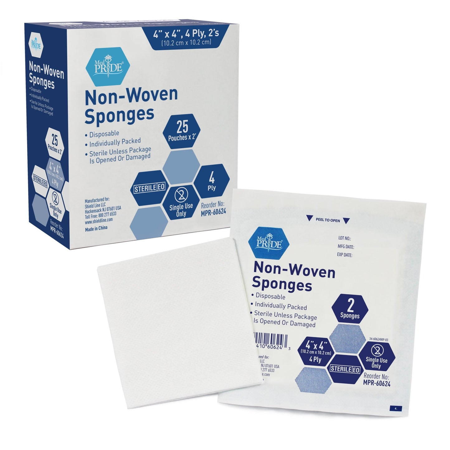 MedPride Non-Woven Surgical Sponges, Sterile First Aid Wound Care Dressing Sponge,4-Ply, 2'S - 25/Box, Case of 24 (1,200 Count)