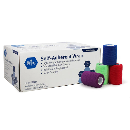 Medpride Self-Adherent Wrap, 3"x5" yds. - Rainbow - Latex Free, 4 colors/Box, Case of 24 (96 Count)