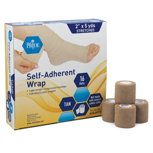 Medpride Self-Adherent Wrap - Athletic Flex Tape First Aid Bandages 16 Rolls, Tan, Latex Free