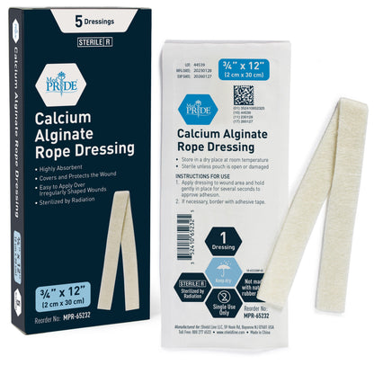 MedPride Calcium Alginate Rope Dressing, Sterile Hydrophilic Wound Dressing Rope for Open Wounds, Burns, Ulcers & Minor Traumas, 3/4"x12" - 5/Pack, Case of 12 (60 Count)
