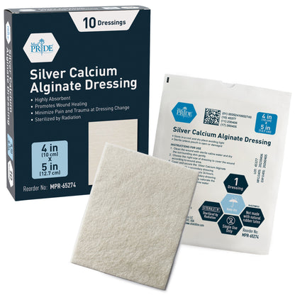 MedPride Silver Calcium Alginate Dressing, 4"x5" - 10/Box, Case of 10 (100 Count)
