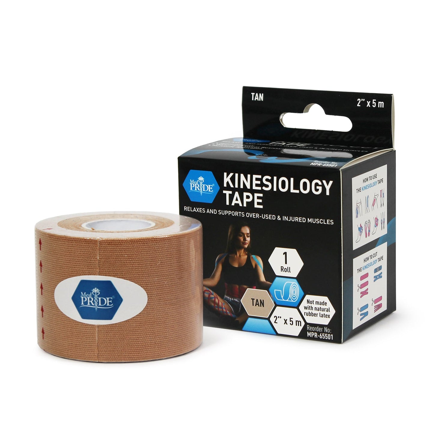 MedPride Kinesiology Tape – Tan 2”x5M Latex-Free Athletic Tape for Pain Relief, Injured Muscle Support, 24/Box, Case of 6 (144 Count)