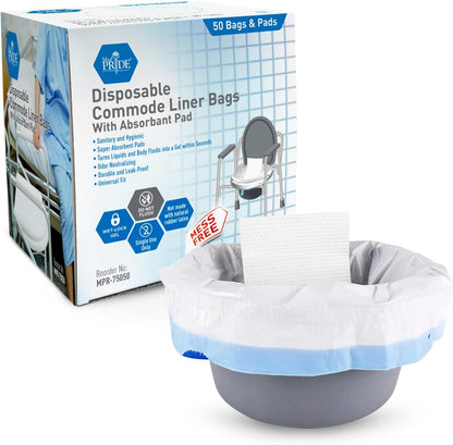 MedPride Disposable Commode Liner Bags with Absorbant Pads, Universal Size, 50 bags and pads  / Case of 12 (600 count)