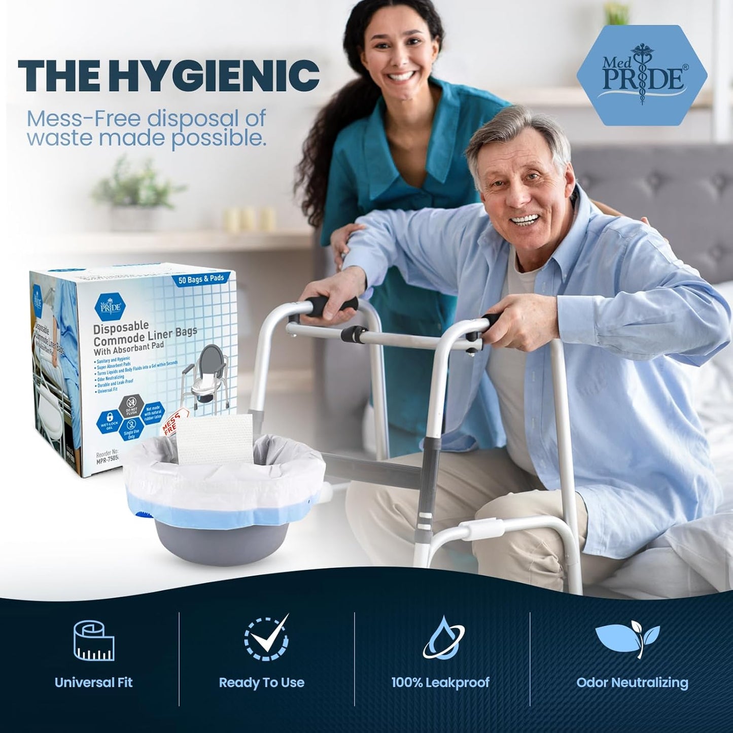 MedPride Disposable Commode Liner Bags with Absorbant Pads, Universal Size, 50 bags and pads  / Case of 12 (600 count)