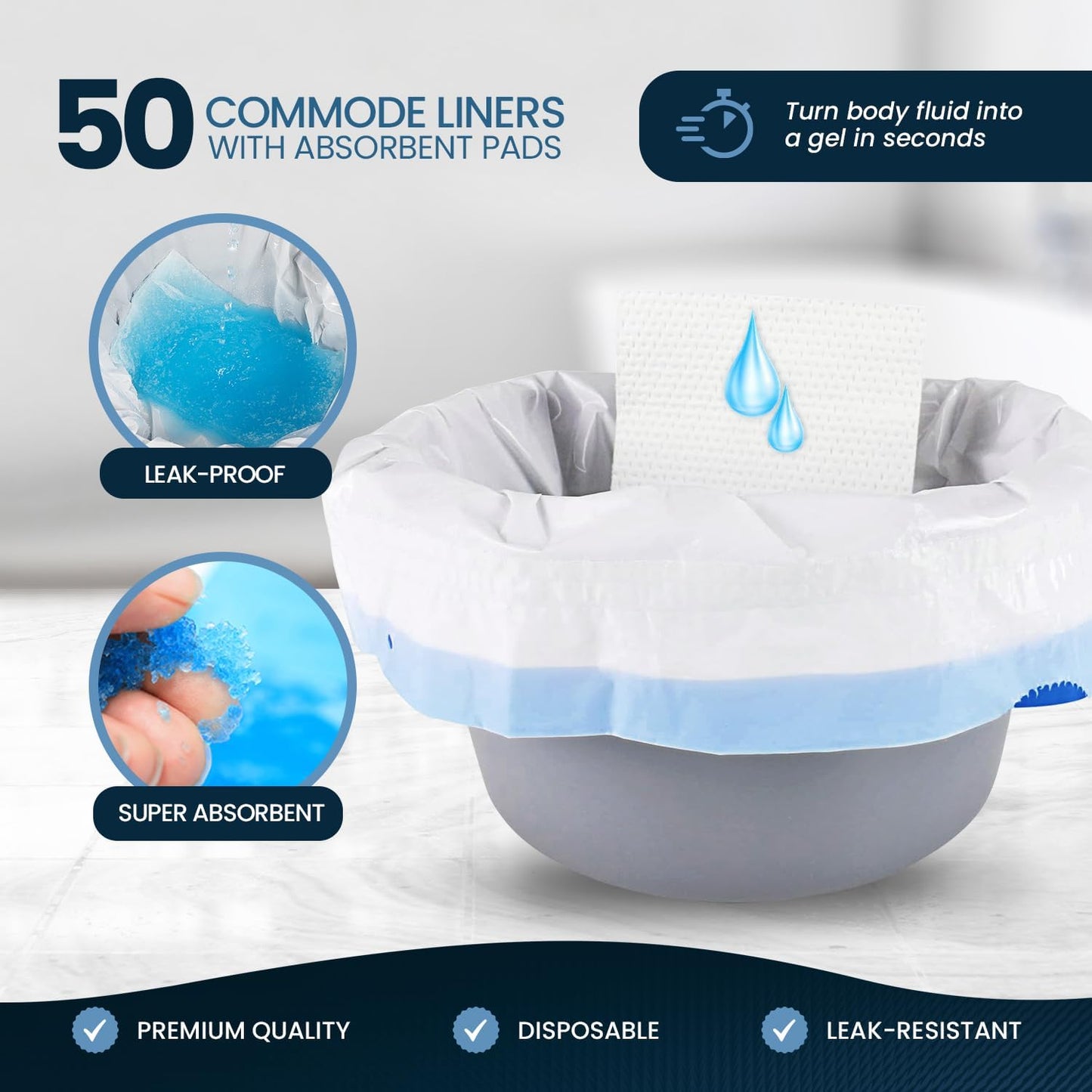 MedPride Disposable Commode Liner Bags with Absorbant Pads, Universal Size, 50 bags and pads  / Case of 12 (600 count)