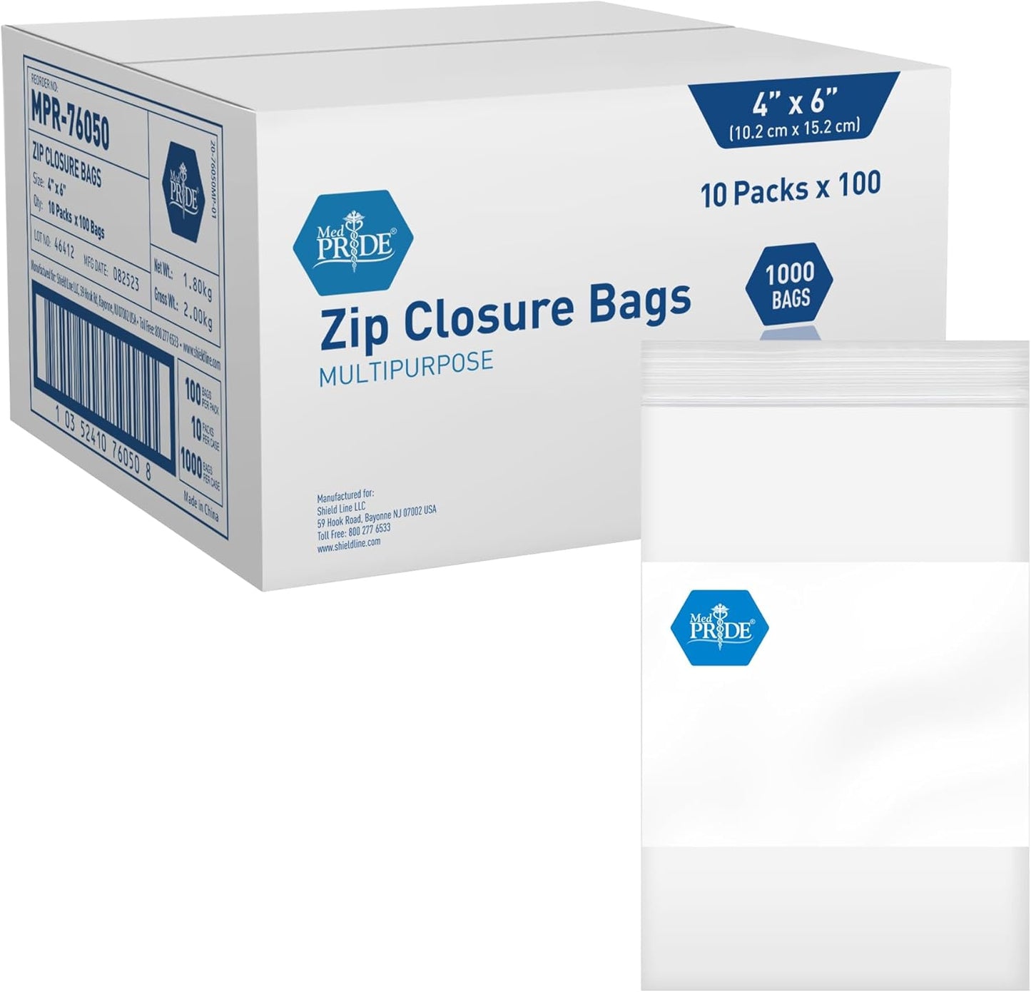 MedPride Reusable Clear Zip Closure Bags, Size 4" x 6", 100 Bags, Case of 10 (1000 Count)