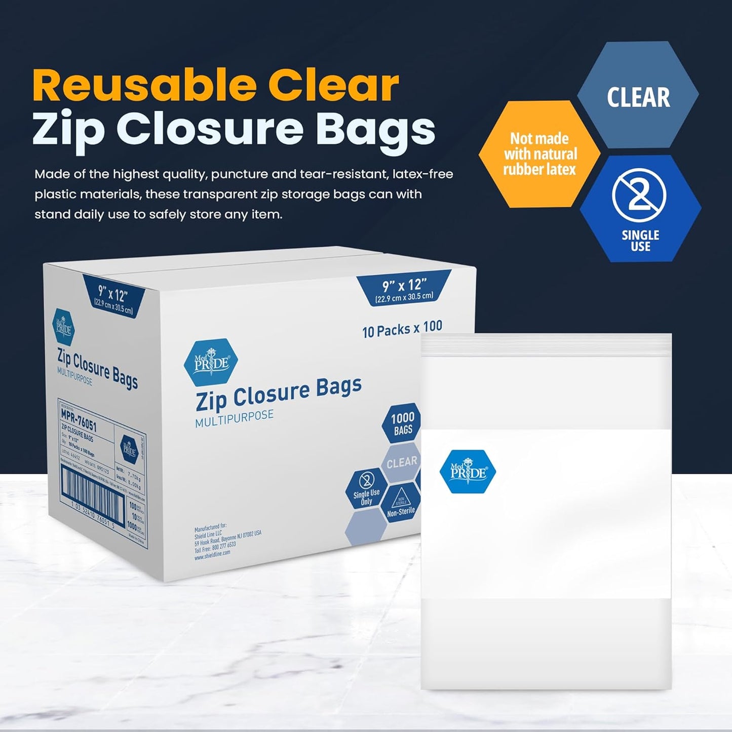 MedPride Reusable Clear Zip Closure Bags, Size 9" x 12", 100 Bags, Case of 10 (1000 count)